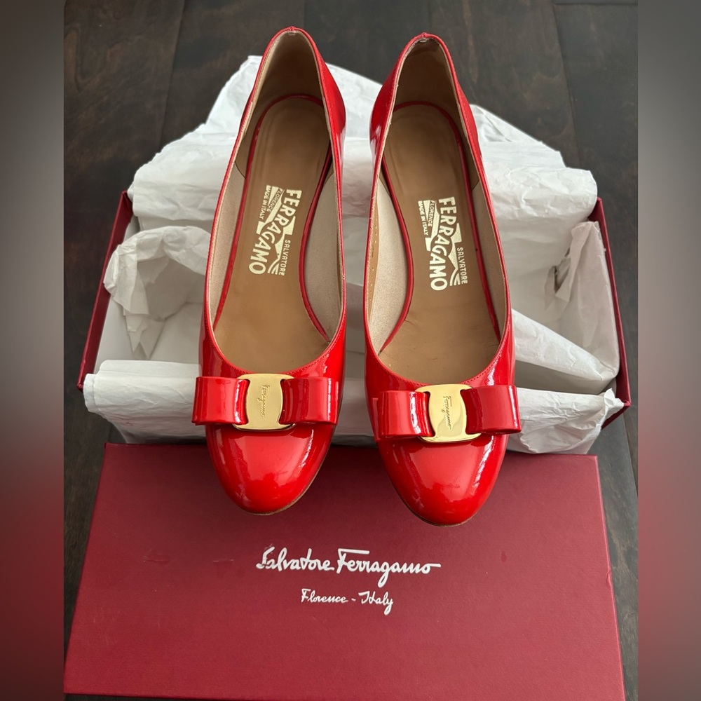 Salvatore Ferragamo Red Patent Vara Bow Flats with Gold Plaque